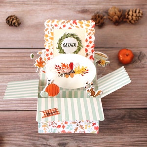 3D Box Pop Herbst Danksagungskarte, Gather Blessed, Kürbisblätter Eichhörnchentorte, blau weiß orange, Falten flach für den Versand, kostenloser Versand in die USA