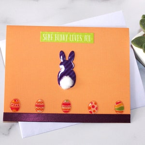Tarjeta de Pascua l Conejito l Huevos de Pascua l Púrpura Verde Naranja l Interior en blanco l Envío gratuito a EE. UU. l Única l Pieza única