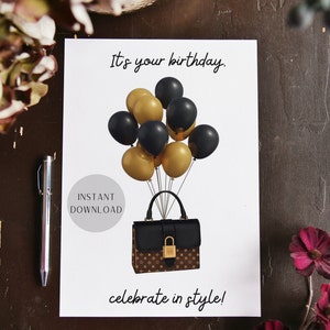 Stampa a casa il biglietto di auguri di compleanno l Festeggia con stile l Palloncini da borsa l Download immediato JPG PNG PDF 5x7 l Interno vuoto l File busta