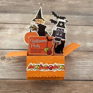 Carte d'Halloween pop-up boîte 3D, petite sorcière, pommes d'amour, chauves-souris chat du manoir, soirée costumée, rétro, orange noir, pli à plat, livraison gratuite aux États-Unis