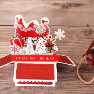3D Box Pop Up Weihnachtskarte l Weihnachtsmannsschlitten l Klingel den ganzen Weg l Rot Weiß Skandinavisch l Faltbar zum Verschicken l Kostenloser US Versand