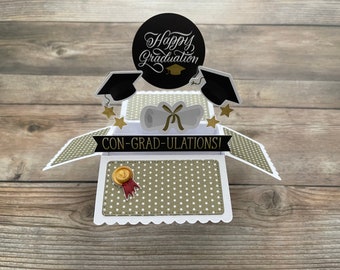 3D Box Pop Up Graduation Card, Black White Gold, Cap Diploma, Happy Graduation, Free US Shipping