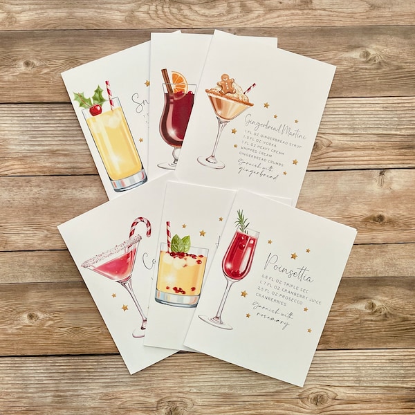 Set of 6 or 12  Christmas Cards, White Cards, Watercolor Holiday Cocktail Recipes, Unique and Different, Blank Inside Different Unique