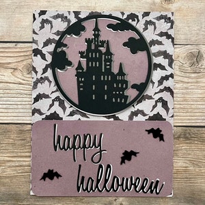 Carte d'Halloween l Manoir effrayant l Chauves-souris l Gris noir violet blanc l Intérieur vierge l Livraison gratuite aux États-Unis