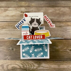 Boîte 3D Pop Up Carte d'anniversaire sur le thème du chat l Ronronnement miaou l Couleurs primaires lumineuses l Se plie à plat pour l'envoi l Livraison gratuite aux États-Unis