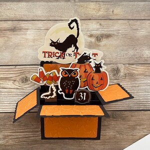 3D Box Halloween Pop Up Karte l Süßes oder Saures l Schwarze Katzen l Eule l Fledermaus l Orange Schwarz l Candy Corn l Blätter l Falten flach l Kostenloser Versand in die USA