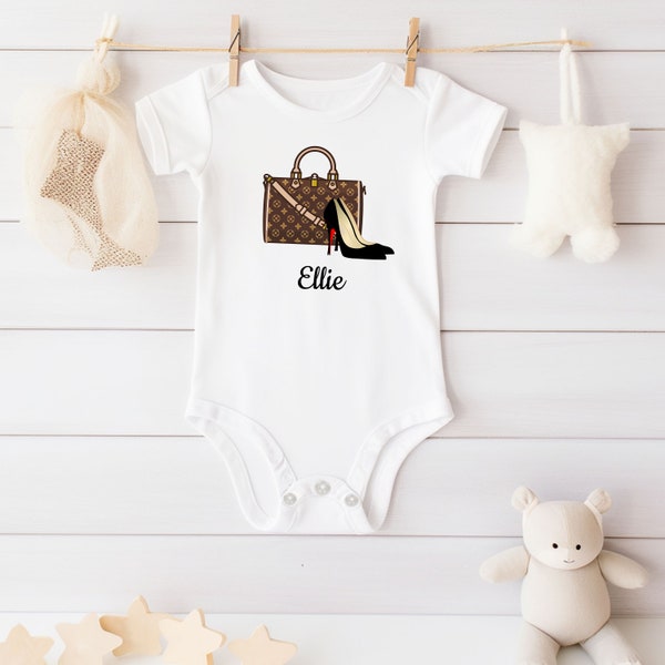 Personalized Infant/Baby Fine Jersey Bodysuit with High End Purse and Shoes Graphic,  Short Sleeved Customized Baby Shower Gift