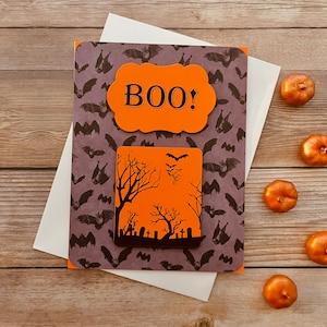 Halloween Karte l Gruselige Fledermäuse l Friedhof Szene l Boo! l Lila und Orange l Innen leer l Einzelstück l Kostenloser US-Versand