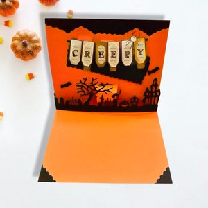 Boîte pop-up 3D pour Halloween, noir orange, araignée chat noir, cimetière effrayant, manoir hanté, pliable à plat pour l'expédition, unique, intérieur vierge