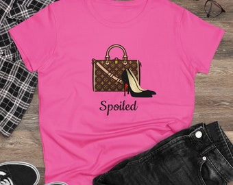 Personalizable Semi-Fitted Women's Cotton Tee with Purse and Shoes Graphic, Customized T Shirt, Personalizable Gift