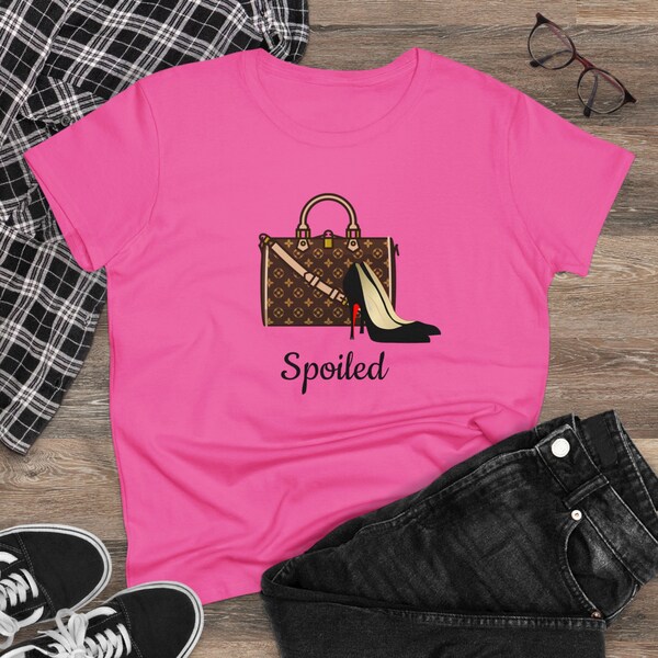 Personalizable Semi-Fitted Women's Cotton Tee with Purse and Shoes Graphic, Customized T Shirt, Personalizable Gift