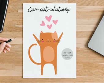 Printable Birthday Card, Cat Theme, Con-cat-ulations It's Your Birthday, Hearts, Cute Fun, JPG PNG PDF Instant Download  Blank Inside