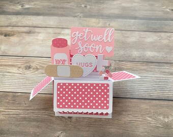 3D Box Pop Up Get Well Card, Pink White, Polka Dots, Band-aid Medicine, Heart Hugs, Folds Flat for Mailing, Free US Shipping