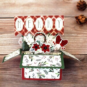 3D pop-up kerstkaart, kerstman slee rendier, bomen jingle bells, cadeaus kousen, rood groen, plat gevouwen voor verzending, gratis verzending in de VS