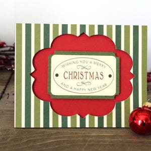 Carte de Noël l Joyeux Noël l Vert ivoire rouge l Rayures l Découpe l Blanc à l'intérieur l Livraison gratuite aux États-Unis