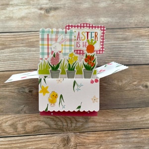 Tarjeta de Pascua desplegable en caja 3D | Tema floral | Conejito de Pascua | Zanahoria | Pollito | Cuadros, azul, amarillo y rosa, se pliega para enviar por correo, envío gratuito a EE. UU.