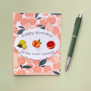 Verjaardagskaart Happy Birthday to My Main Squeeze Citrus, citroen, sinaasappel, grapefruit, grapefruit, thema, blanco binnenkant, gratis verzending in de VS