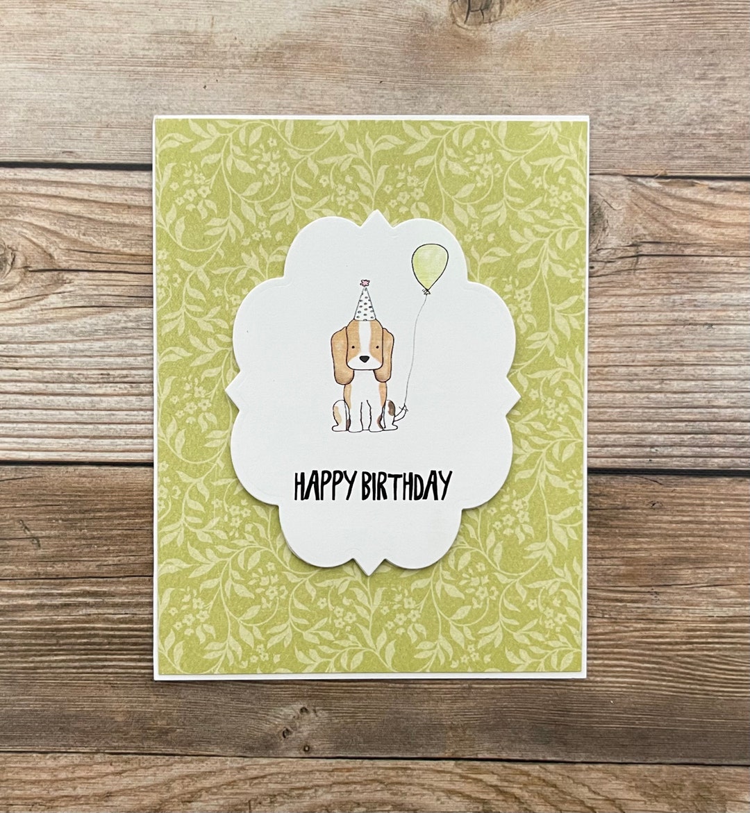 Birthday Card Dog in Hat With Balloon Green Floral Blank - Etsy