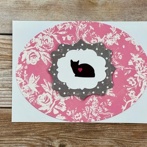 Tarjeta de San Valentín, rosa y blanco, de un gato, silueta de gato, bebé peludo, 5x7, sobre incluido, única, envío gratis a EE. UU.