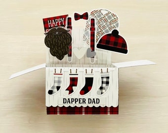 3D Box Pop Up Father's Day Card, Dapper Dad, Plaid Red White Black, Suspenders Bow Tie, Hat Socks Flannel Shirt, Folds Flat for Mailing