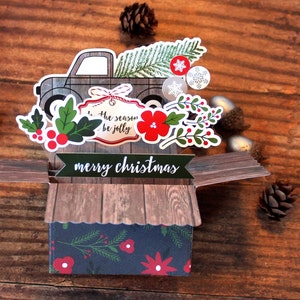 3D Box Pop Up Weihnachtskarte l 'Tis the Season l Poinsettia l Rustikaler LKW l Baum l Blumen, Rot, Weiß, Grün, kariert, Falten flach zum Verpacken