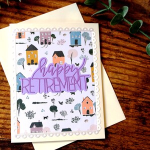 Happy Retirement l Cream Purple White l Houses l Blank Inside l Free Shipping l Unique l One of a Kind