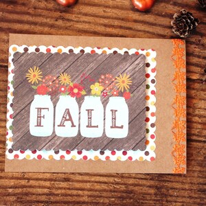 Happy Fall-kaart l Geel Oranje Rood Wit l Bladeren l Mason Jars l Blanco binnenkant l Gratis verzending in de VS