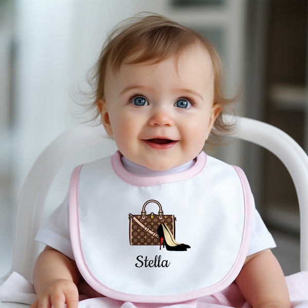 Personalizable Chic Bag and Shoes Graphic Baby Bib, Contrast Trim Jersey Bib, Pink Black and Red, Baby Shower Gift, Expectant Mother Gift