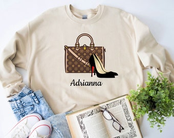 Personalizable Handbag and Shoes Graphic Crewneck Sweatshirt,  Purse and Stilettos, Customizable Sweatshirt, Gift for Her, Spoiled