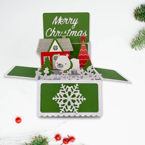 3D Box Pop Up Weihnachtskarte l Frohe Weihnachten l Eisbär Bäume Haus Schneeflocken l Rot, Weiß, Grün l Faltbar flach für den Versand l Kostenloser Versand in die USA