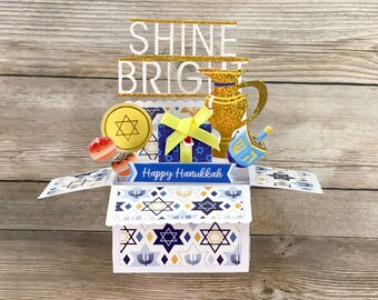 3D Box Pop Hanukkah Card, Menorah Gelt Dreidel Gifts, Blue White Yellow, Folds Flat for Mailing, Free US Shipping