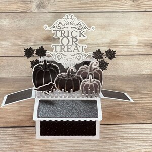 3D Box Pop Up Halloween Karte l Silber Schwarz Glitter l Raffinierte Elegante l Kürbis Aufnäher l Flach falten l Kostenloser US Versand