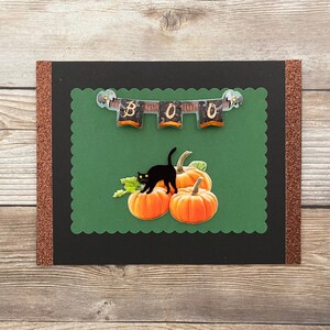 Cartão de Halloween l Gato Preto l Abóboras l Boo l Fita Glitter l Verde Preto Laranja l Em Branco Dentro l Frete Grátis EUA