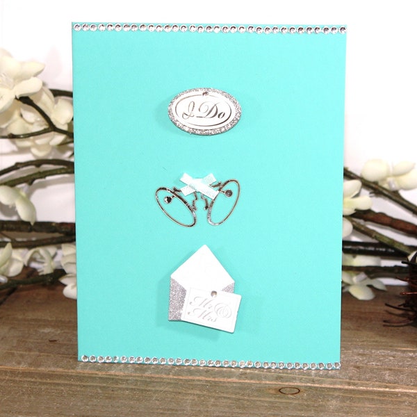 Wedding or Anniversary Card, Silver Turquoise and White, I Do, Bells Invitation, Glitter, Blank Inside, Free US Shipping