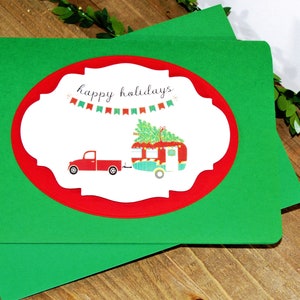 Carte de Noël l Camion et camping-car vintage l Arbre l Joyeuses fêtes l Rouge vert blanc l Intérieur vierge l Livraison gratuite aux États-Unis