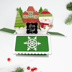 3D Box Pop Up Weihnachtskarte l Merry and Bright l Schneemann Bäume Haus l Outdoor Thema l Faltbar flach für den Versand l Kostenloser Versand in die USA