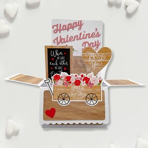 Tarjeta emergente de San Valentín en forma de caja 3D l Estilo rústico campestre l Carro de flores l Corazones l Yo y tú l Se pliega para enviar por correo