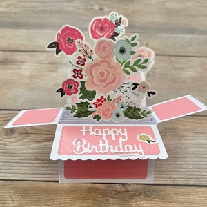 3D Box Pop Up Geburtstagskarte l Rosa Rosen Thema l Blumenblumen l Falten flach für den Versand l Kostenloser US Versand