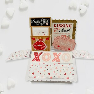Tarjeta emergente 3D para el Día de San Valentín l Tema de cabina de besos l XOXO l Corazones l Labios l Rojo Blanco Rosa l Se pliega para enviar por correo