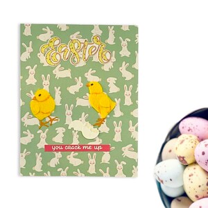 Tarjeta de Pascua, Conejitos, Pollitos, Me haces reír, Fondo de Conejitos, Blanco y Verde, Interior en blanco, Envío gratis a EE. UU., Única, Pieza única