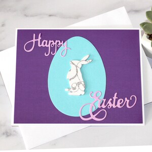 Carte de Pâques l Lapin de Pâques scintillant l Joyeuses Pâques l Bleu blanc violet l Oeuf découpé l Intérieur vierge, Livraison gratuite aux États-Unis, Unique, unique en son genre