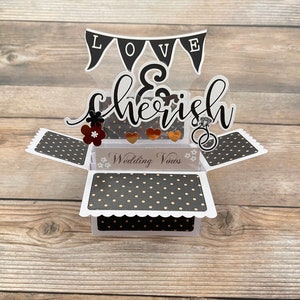 3D Box Pop Up Hochzeitskarte l Liebe und Freude l Schwarz Gold Weiß l Blumen und Herzen l Falten flach für den Versand l Kostenloser US Versand