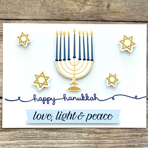 Carte de Hanoucca l Bleu jaune blanc l Menorah l Intérieur vierge l Unique l Livraison gratuite