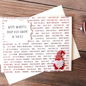 Carte de Noël l Joyeuses fêtes l Thème gnome l Mots de Noël en aluminium l Rouge blanc l Blanc à l'intérieur l Livraison gratuite aux États-Unis