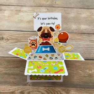Cartão de aniversário pop-up em caixa 3D l Tema de trocadilho com cachorro l Cartão infantil l Dobra para envio pelo correio l Frete grátis nos EUA
