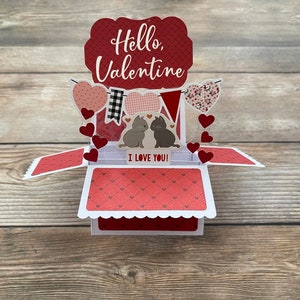 Tarjeta emergente de San Valentín en forma de caja 3D l Hola San Valentín l 2 gatos l Corazones l Bonita y única l Única en su tipo, roja, blanca y rosa, se pliega para enviar por correo
