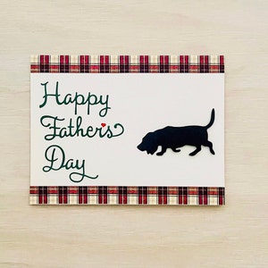 Vaderdagkaart van de hond l Geruit l Groen Beige Zwart Rood l Hound Dog Silhouet l Blanco binnenkant l Gratis verzending in de VS l