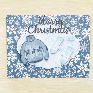 Biglietto di Natale nei toni del blu l Maglione e guanti 3D l Colorato a mano l Sfondo con fiocchi di neve l Interno vuoto l Spedizione gratuita negli Stati Uniti