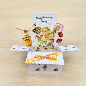 3D Box Pop Up Geburtstagskarte l Honigbiene Thema l Falten flach für den Versand l Kostenloser US Versand