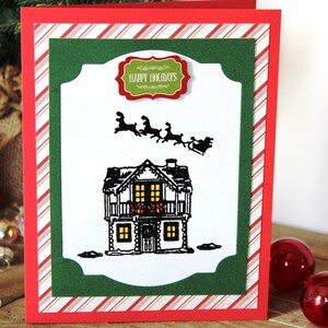 Carte de Noël l Joyeuses fêtes l Rouge blanc vert l Père Noël en traîneau et renne l Maison victorienne l Intérieur vierge l Livraison gratuite aux États-Unis